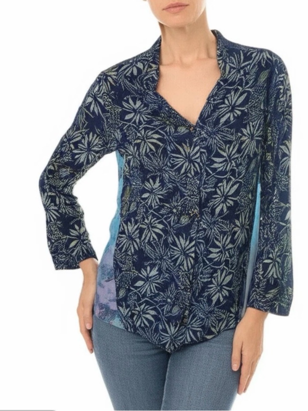Soft Surroundings Navy Floral Button-Down with Teal Accents